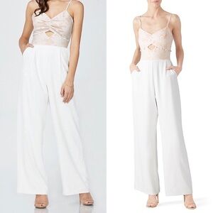 ADELYN RAE Ivory Wide Leg V-Neck Cutout Floral Lace Bodice High Rise Jumpsuit XS